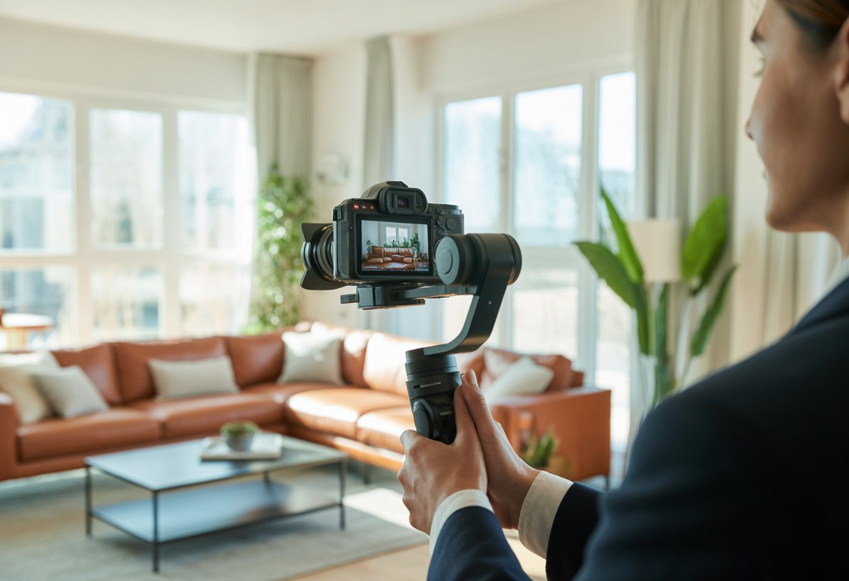 A real estate agent filming a modern furnished apartment living room with a camera on a stabilizer.