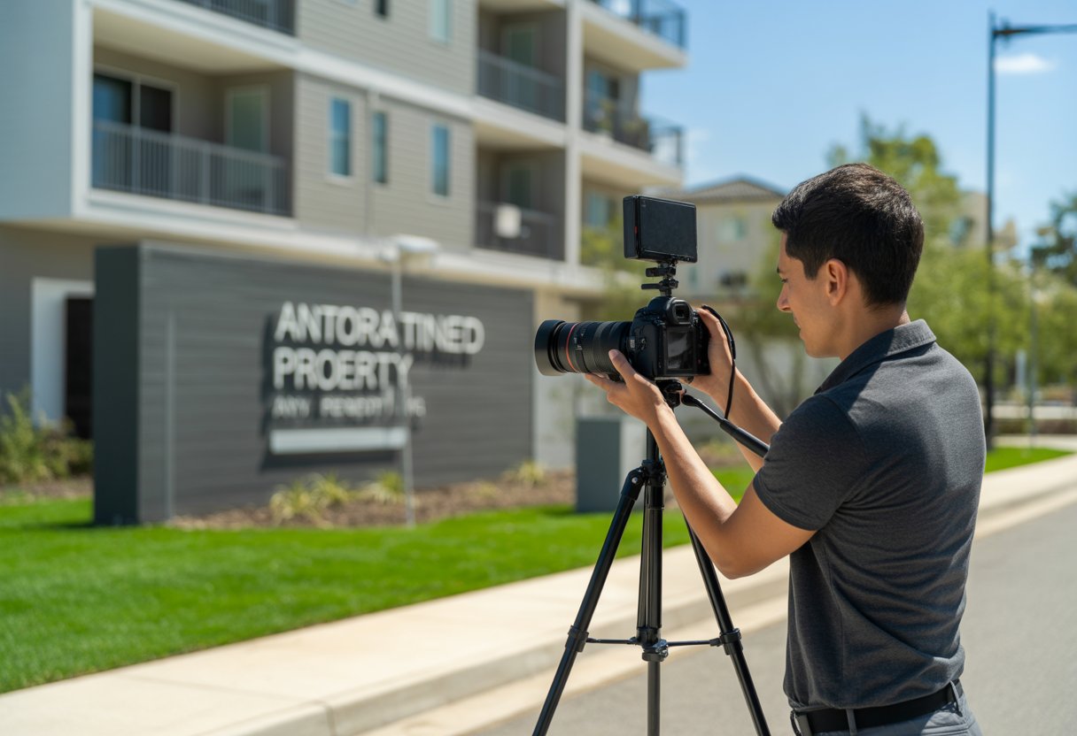 A videographer filming the exterior of a modern apartment building on a sunny day.