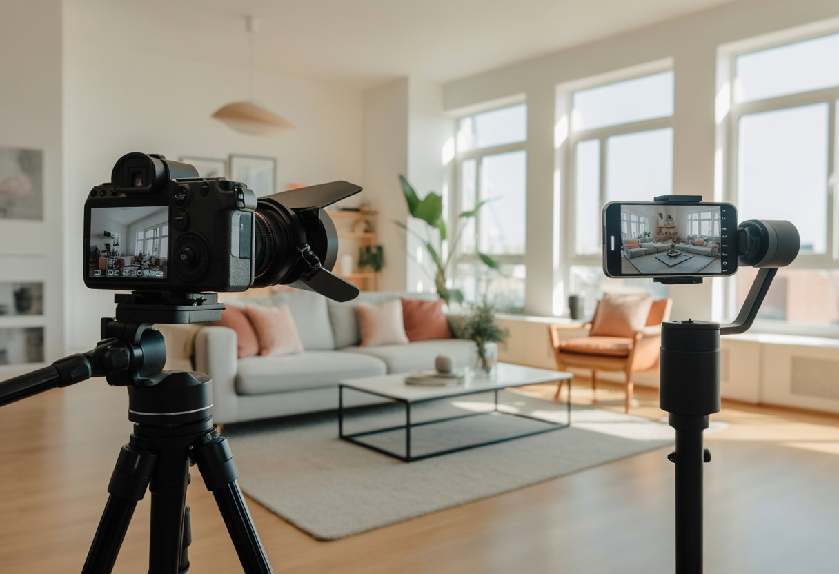 A videographer filming the interior of a modern rental apartment with professional camera equipment.
