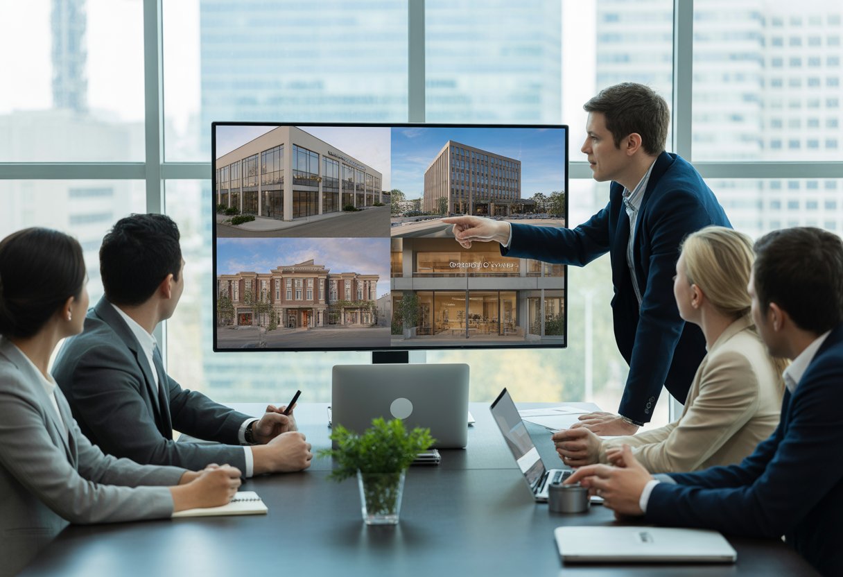 A team of professionals collaborating in an office, reviewing a video presentation of commercial real estate properties on a large screen.