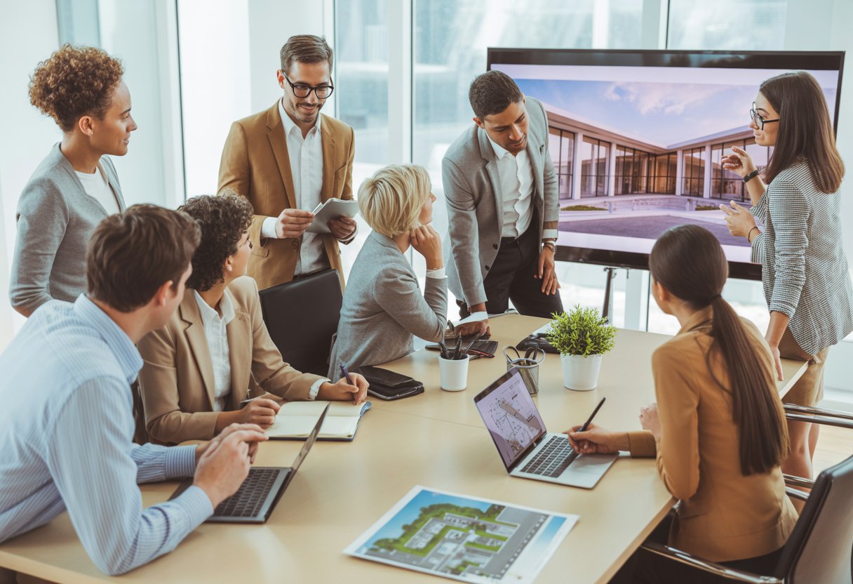 A group of real estate professionals watching a video presentation together in a modern office.