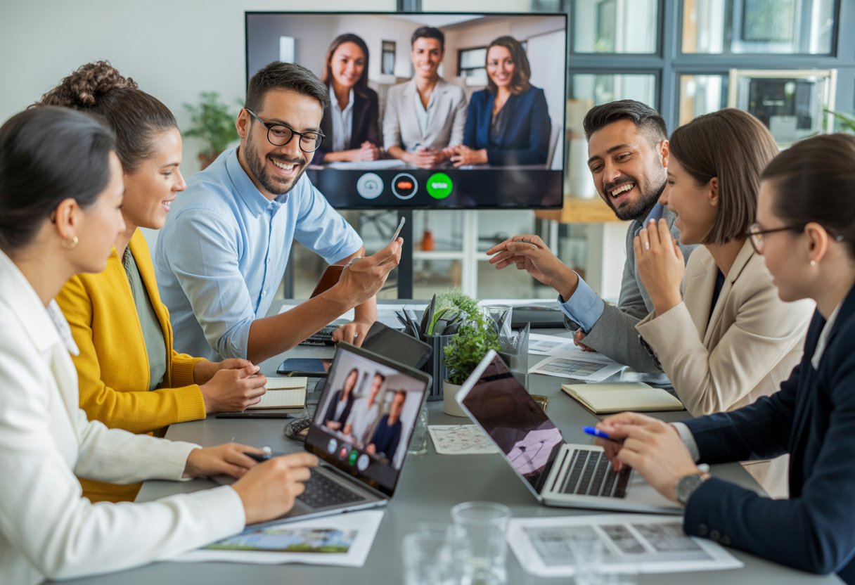 A diverse real estate team collaborating in a modern office with video call on a large screen and laptops, engaging in a meeting.