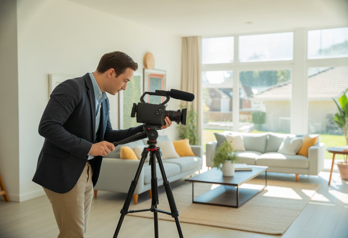 A real estate agent filming a bright, well-furnished living room with a video camera on a tripod.