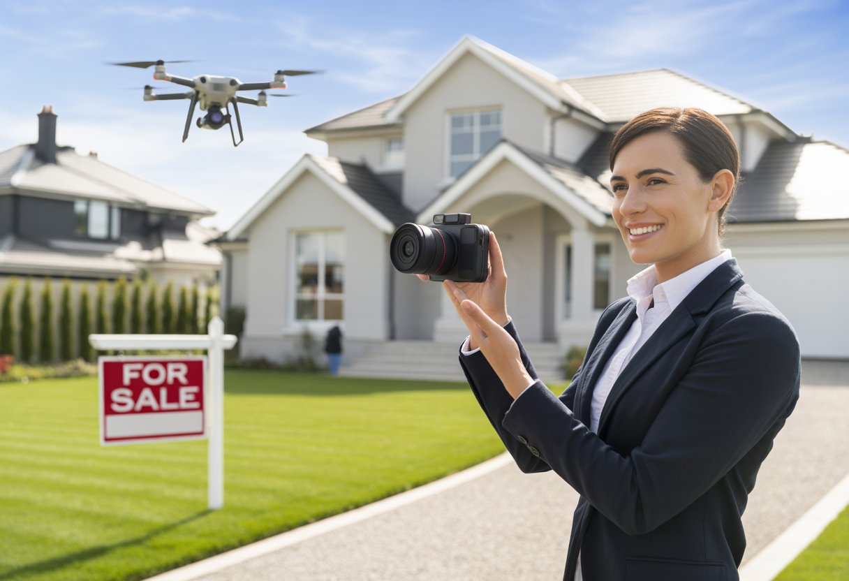 A real estate agent filming a video walkthrough of a house for sale with a drone flying in the background.