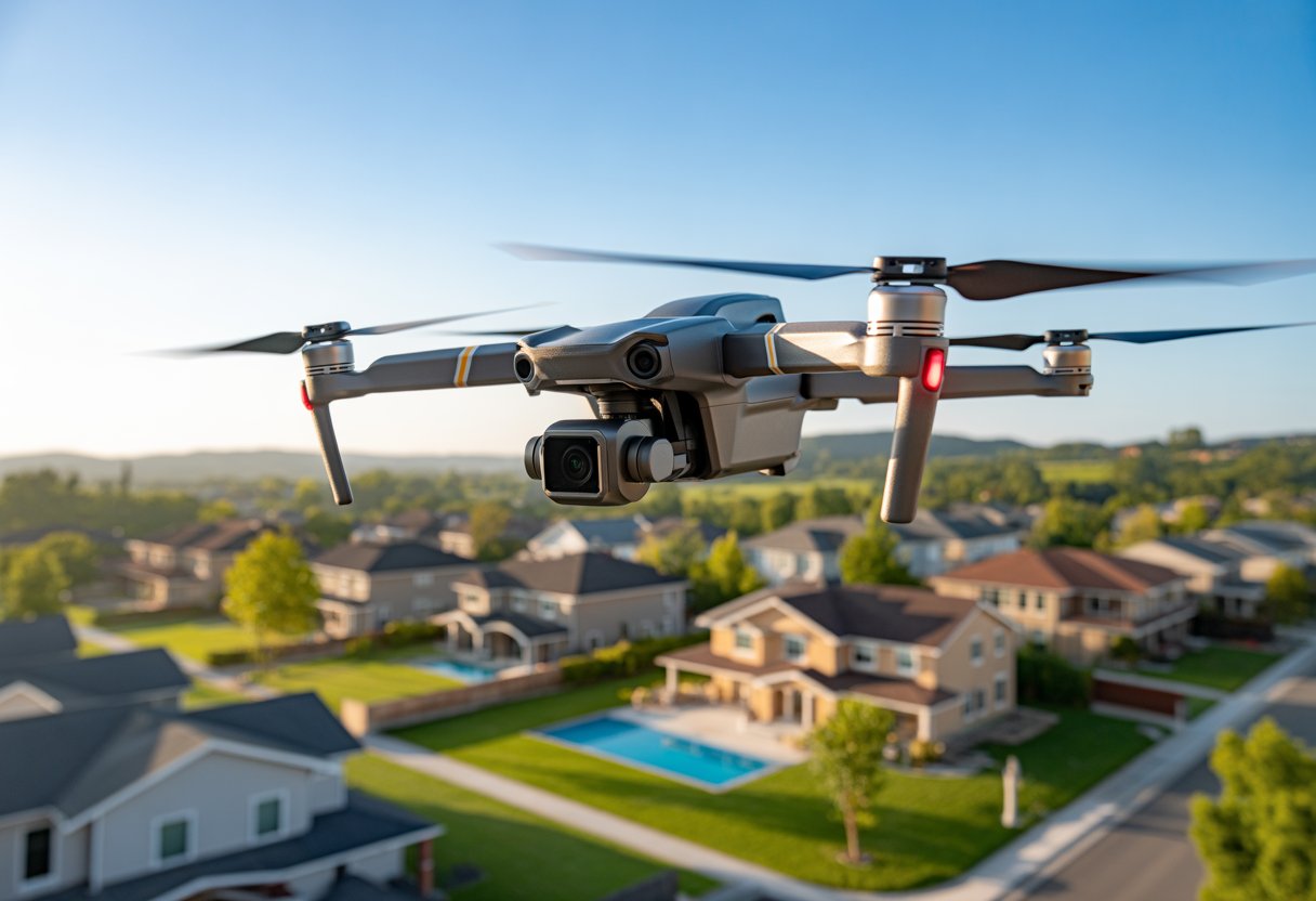 A drone flying over a residential neighborhood capturing aerial footage of houses and yards.