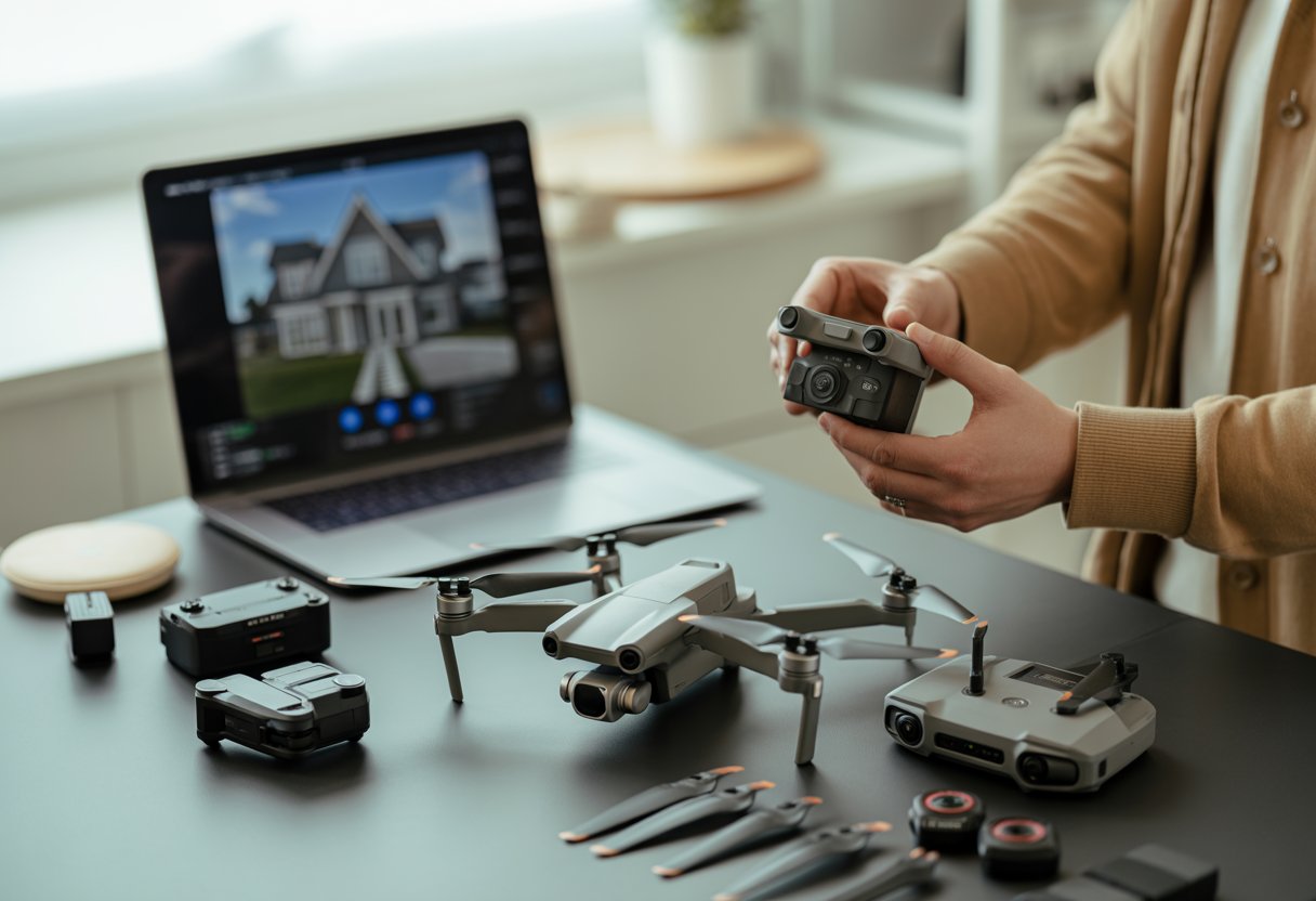 A person selecting drone equipment on a table with a drone, remote controller, and accessories in a workspace.