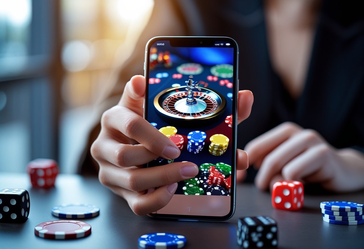 A person holding a smartphone displaying a casino game with chips and dice on a nearby table.