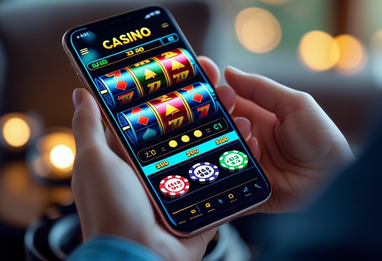 A person holding a smartphone showing an online casino game with slot reels and poker cards.