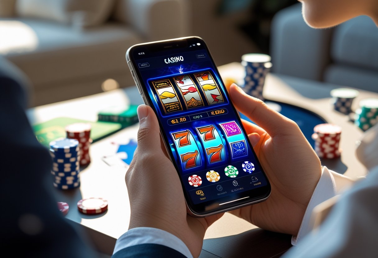 Person holding a smartphone displaying a colorful casino game app with poker chips and playing cards on a nearby table.