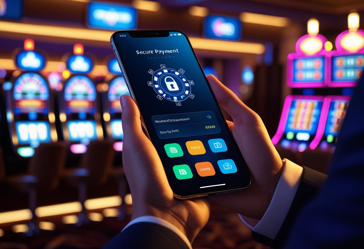 A person holding a smartphone displaying a payment app in a casino with slot machines and poker chips in the background.