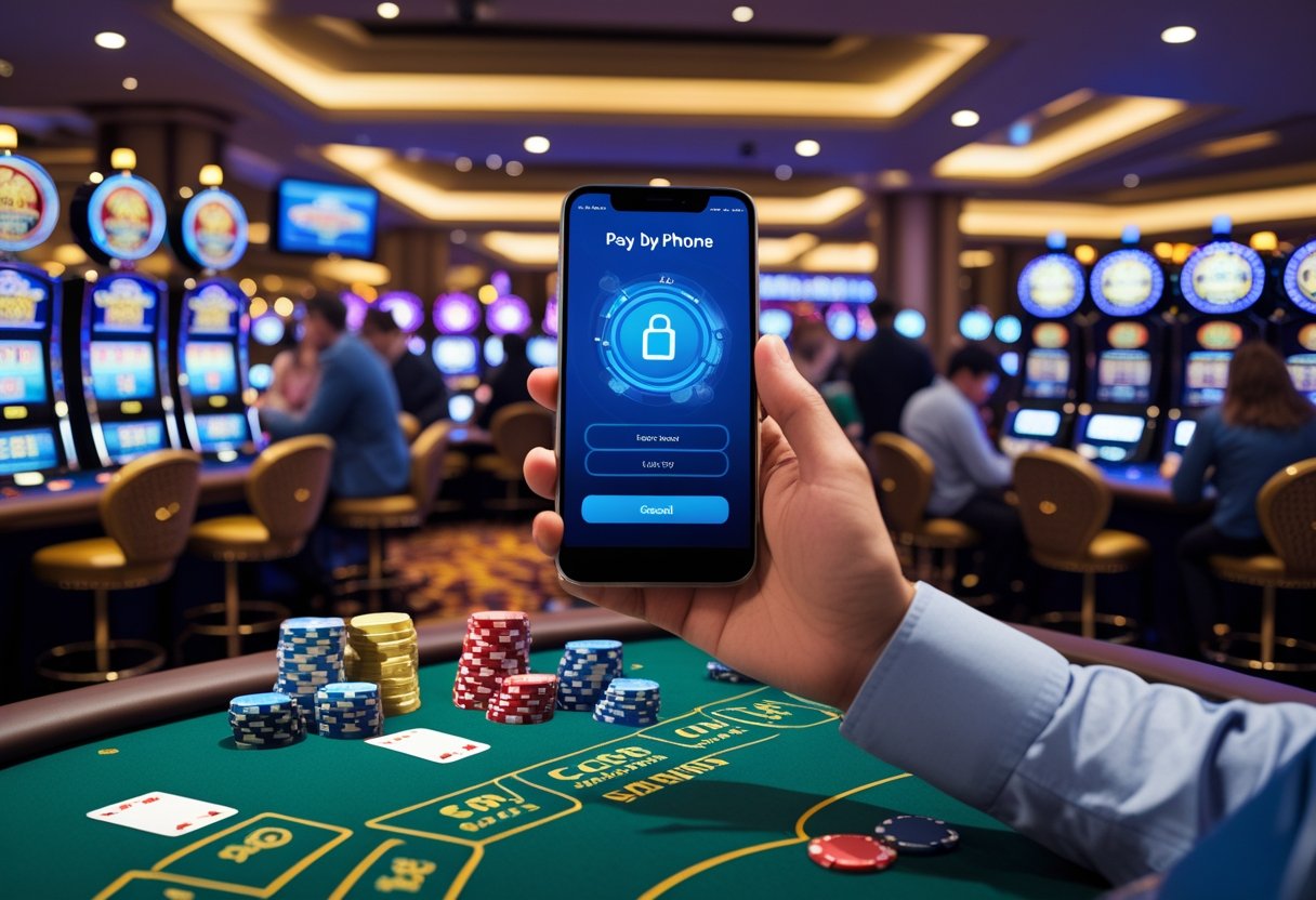 People playing casino games while a person uses a smartphone to make a payment in the casino.