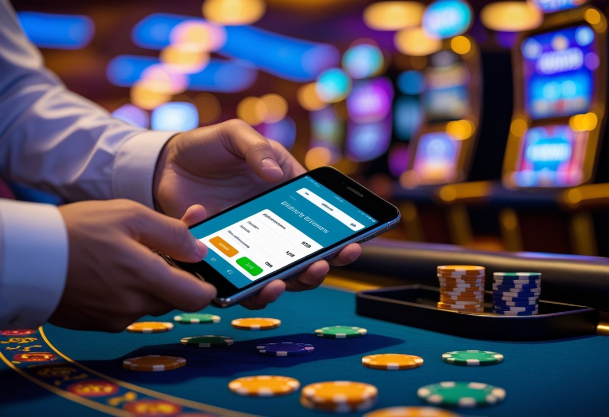 Person holding a smartphone in a casino environment, making a mobile payment with slot machines in the background.