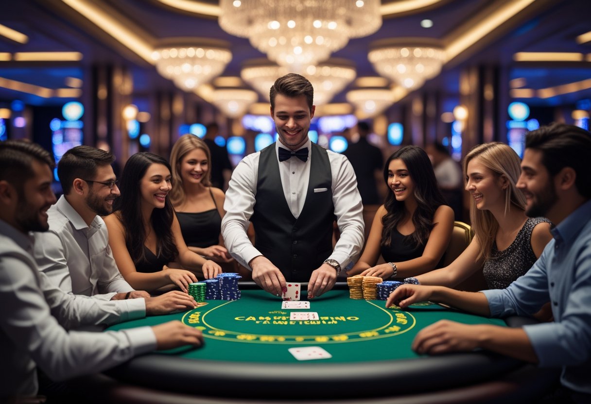 A dealer dealing cards to players around a casino table in a lively casino setting.