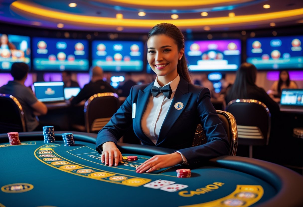 A female dealer at a casino table with playing cards and chips, with screens showing live game feeds and people watching on digital devices.