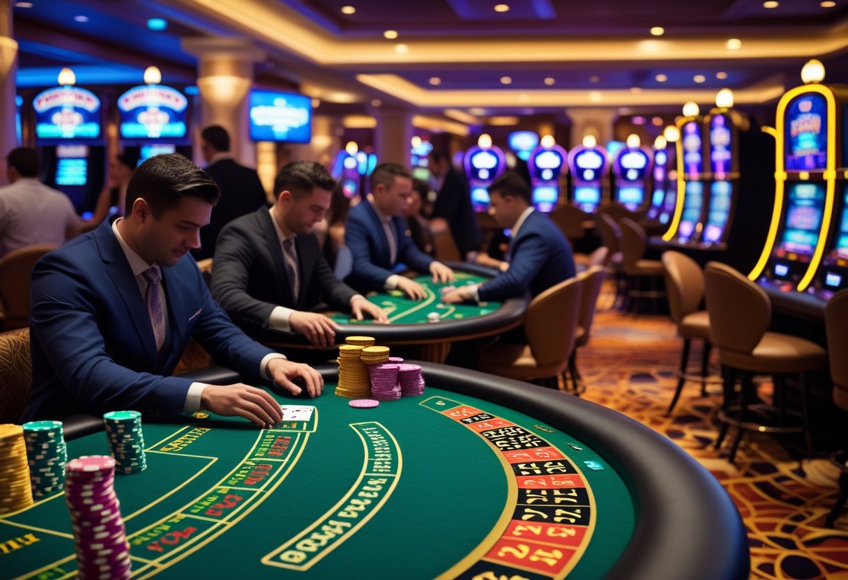 A busy casino floor with people playing poker, roulette, and slot machines under warm lighting.