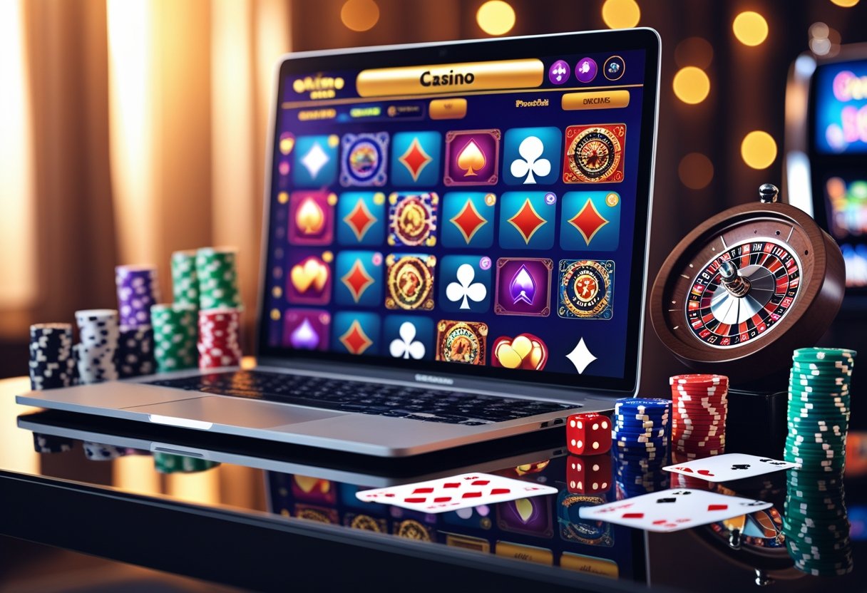 A laptop displaying various online casino games with poker chips, playing cards, dice, and a roulette wheel on a table.