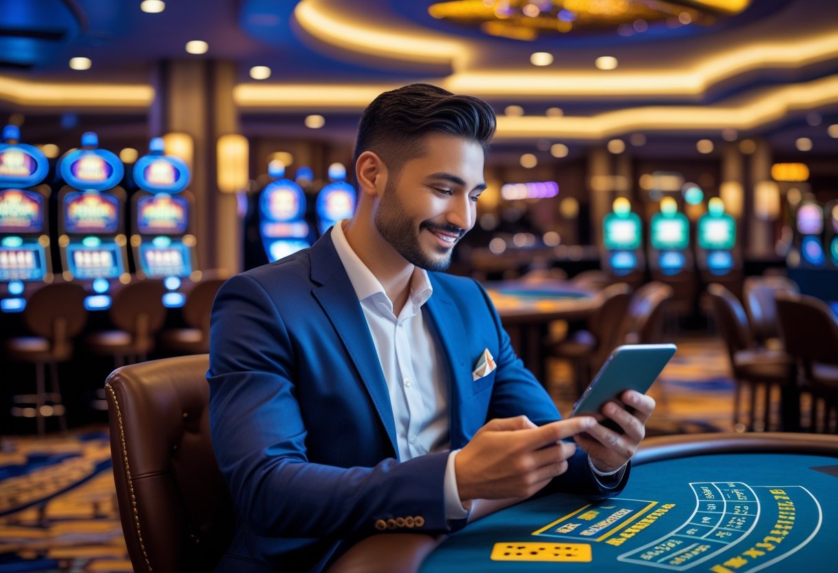 A person using a smartphone in a casino with slot machines and poker tables in the background.