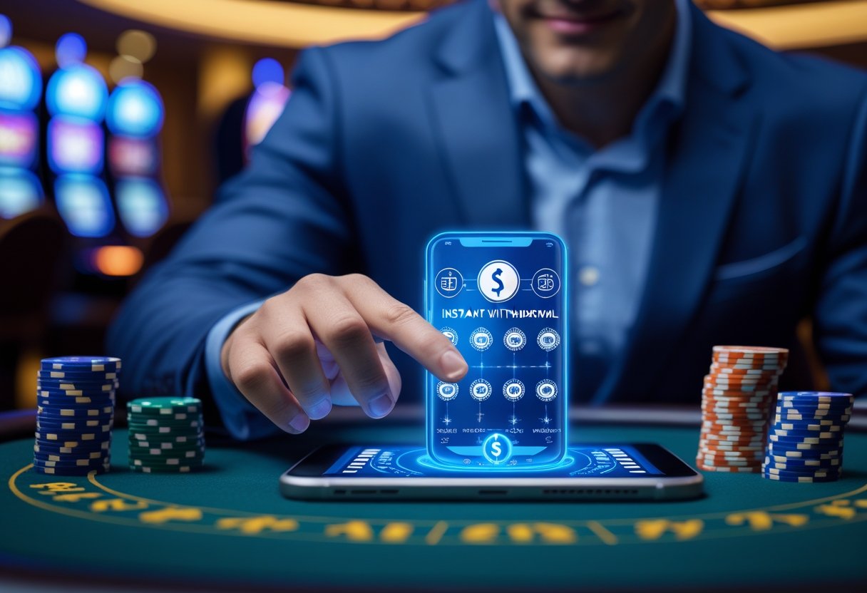 A person using a smartphone in a casino environment with poker chips and slot machines in the background.