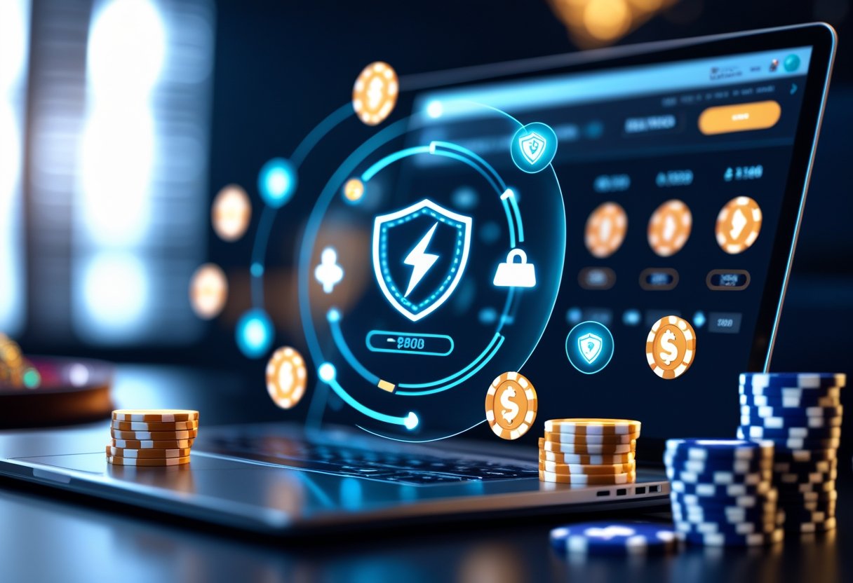 A digital device showing a fast financial transaction with casino elements like poker chips and playing cards in the background.