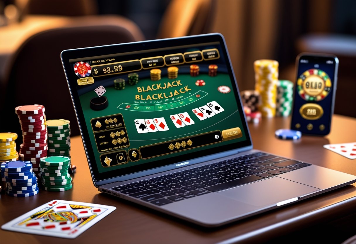 A laptop displaying an online blackjack game surrounded by poker chips, playing cards, and a smartphone on a table.