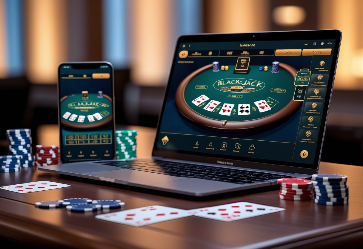 A laptop and smartphone displaying an online blackjack game with playing cards and poker chips on a wooden table.