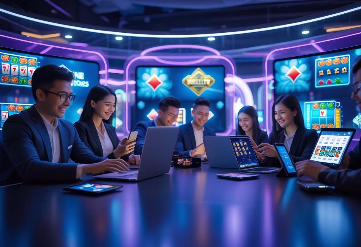 People using laptops, tablets, and smartphones to play online casino games in a modern, futuristic room with colorful digital game displays.