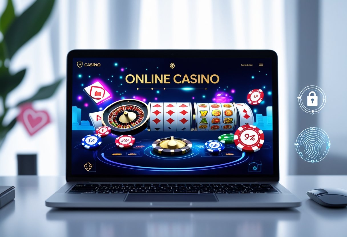 A laptop on a desk showing colorful online casino games with icons representing digital security and privacy.