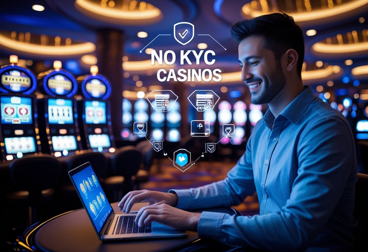 A person using a laptop in a modern casino setting with slot machines and poker tables, symbolizing easy and secure online gambling without identity verification.