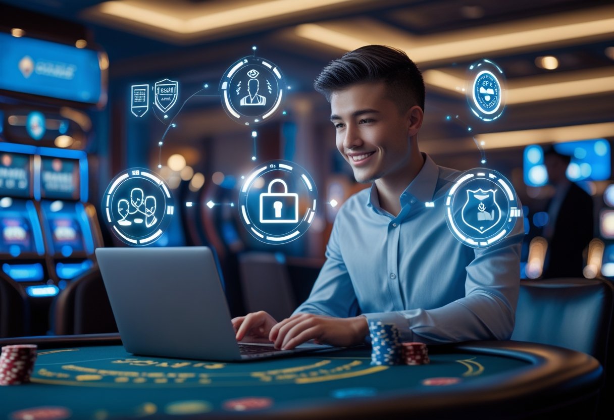 A person using a laptop with digital icons representing security and risks around them in a casino setting.
