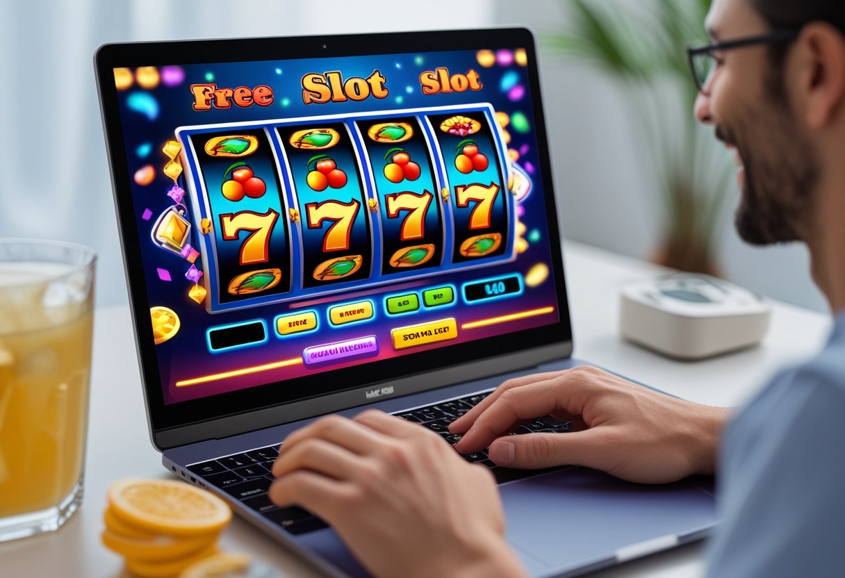 A person playing colorful slot machine games on a laptop screen in a clean, bright setting.