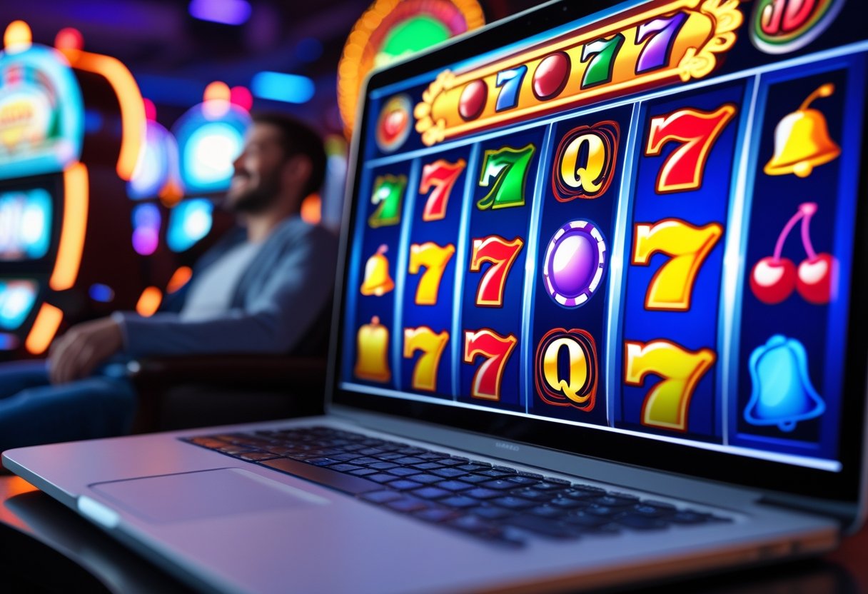 A person enjoying colorful slot machine reels spinning on a computer screen in a bright, modern room.