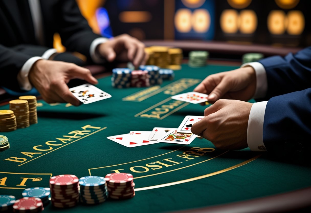 A Baccarat game in progress with cards and chips on a green casino table and players' hands visible.