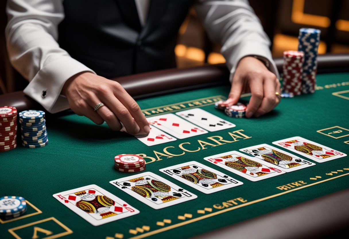 Close-up of a baccarat game table with cards, chips, and a dealer's hands dealing cards.