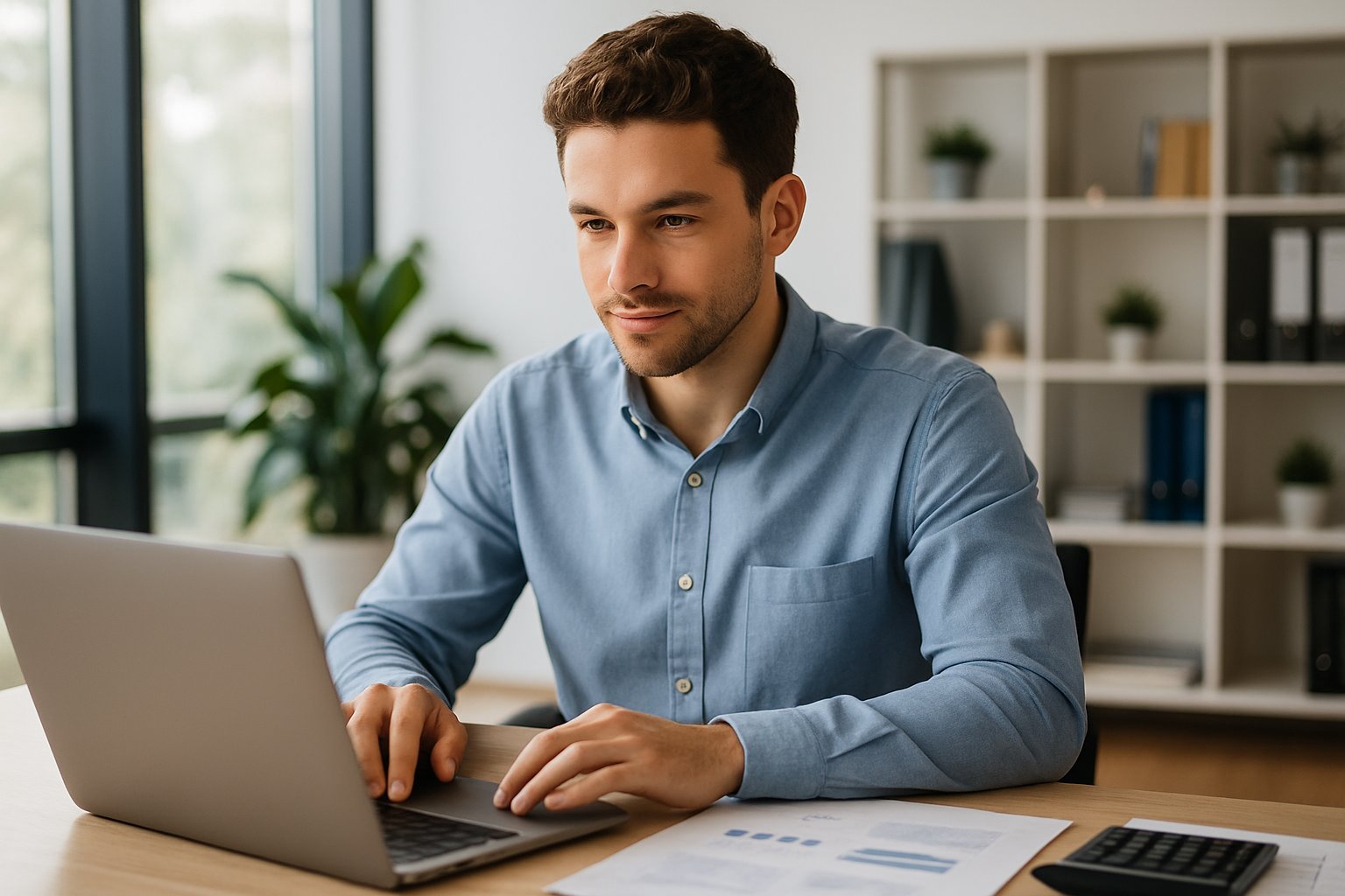 Bonus Partita IVA Giovani Under 35: 18.000€ in 3 Anni (500€/mese) 1 Giovane imprenditore che lavora al computer in un ufficio moderno con documenti e calcolatrice sul tavolo.