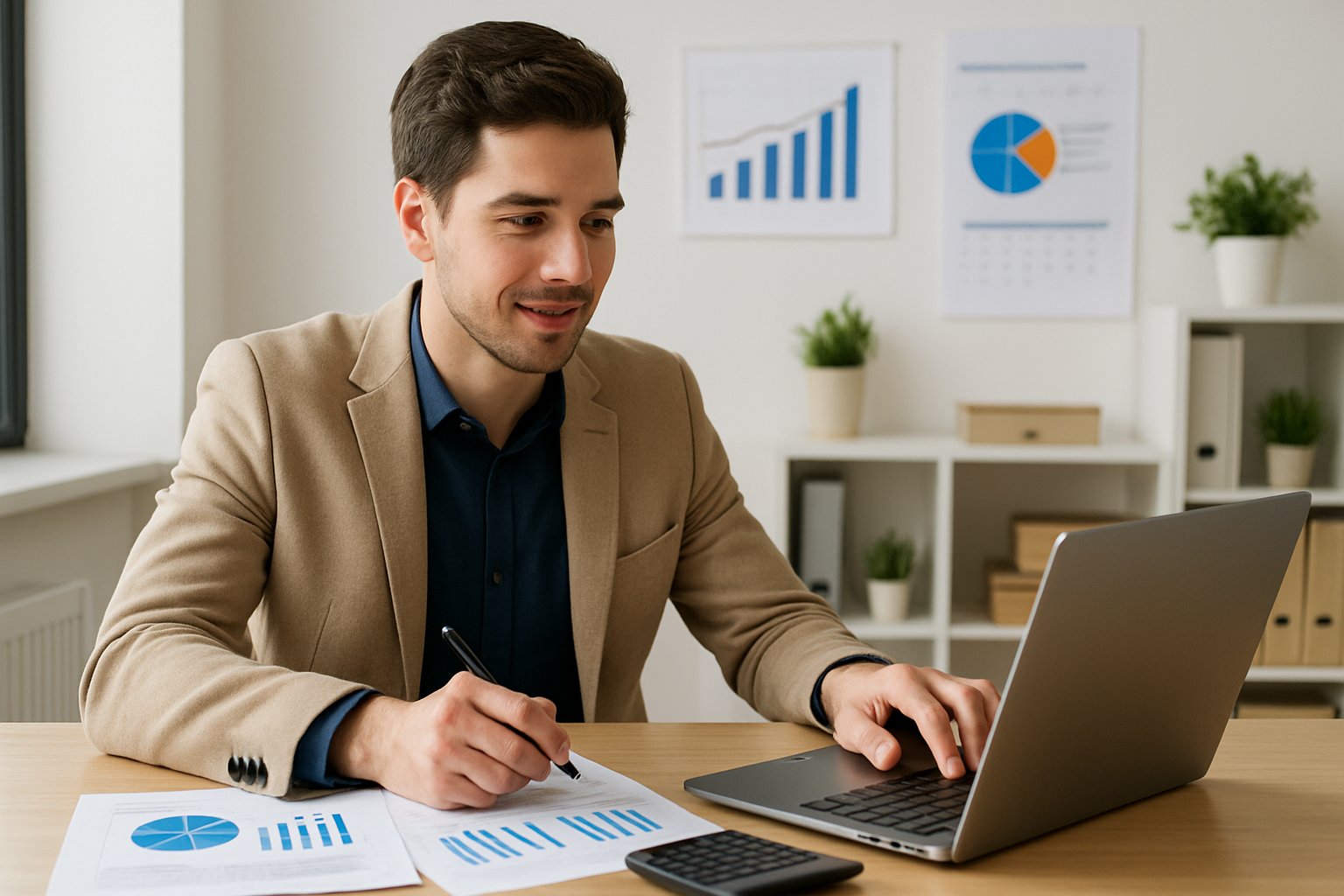 Bonus Partita IVA Giovani Under 35: 18.000€ in 3 Anni (500€/mese) 2 Una giovane persona che lavora a un tavolo d'ufficio moderno con un computer portatile e documenti finanziari, rappresentando un libero professionista che gestisce una Partita IVA.