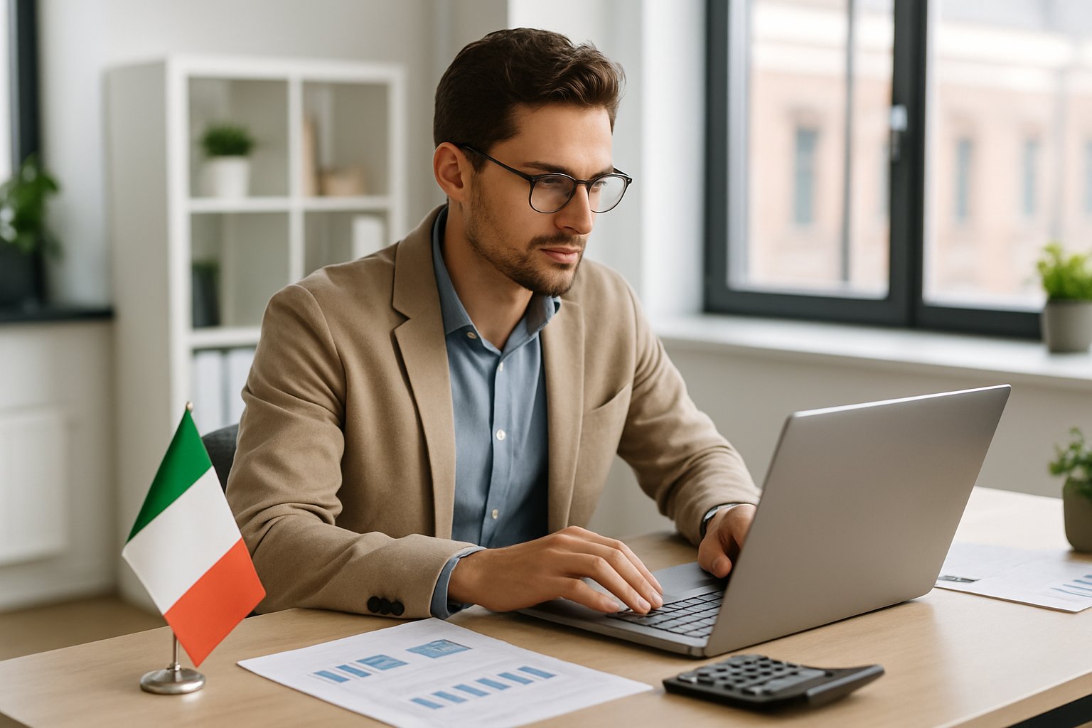 Bonus Partita IVA Giovani Under 35: 18.000€ in 3 Anni (500€/mese) 3 Un giovane imprenditore che lavora al computer in un ufficio moderno con documenti finanziari sul tavolo.