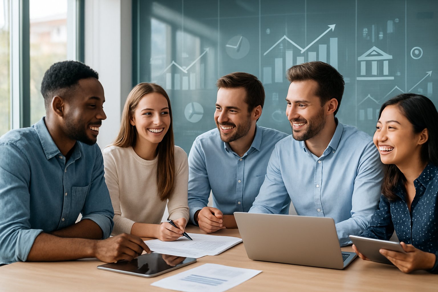 Bonus Partita IVA Giovani Under 35: 18.000€ in 3 Anni (500€/mese) 6 Un gruppo di giovani professionisti che discutono insieme in un ufficio moderno, con laptop e documenti sul tavolo.