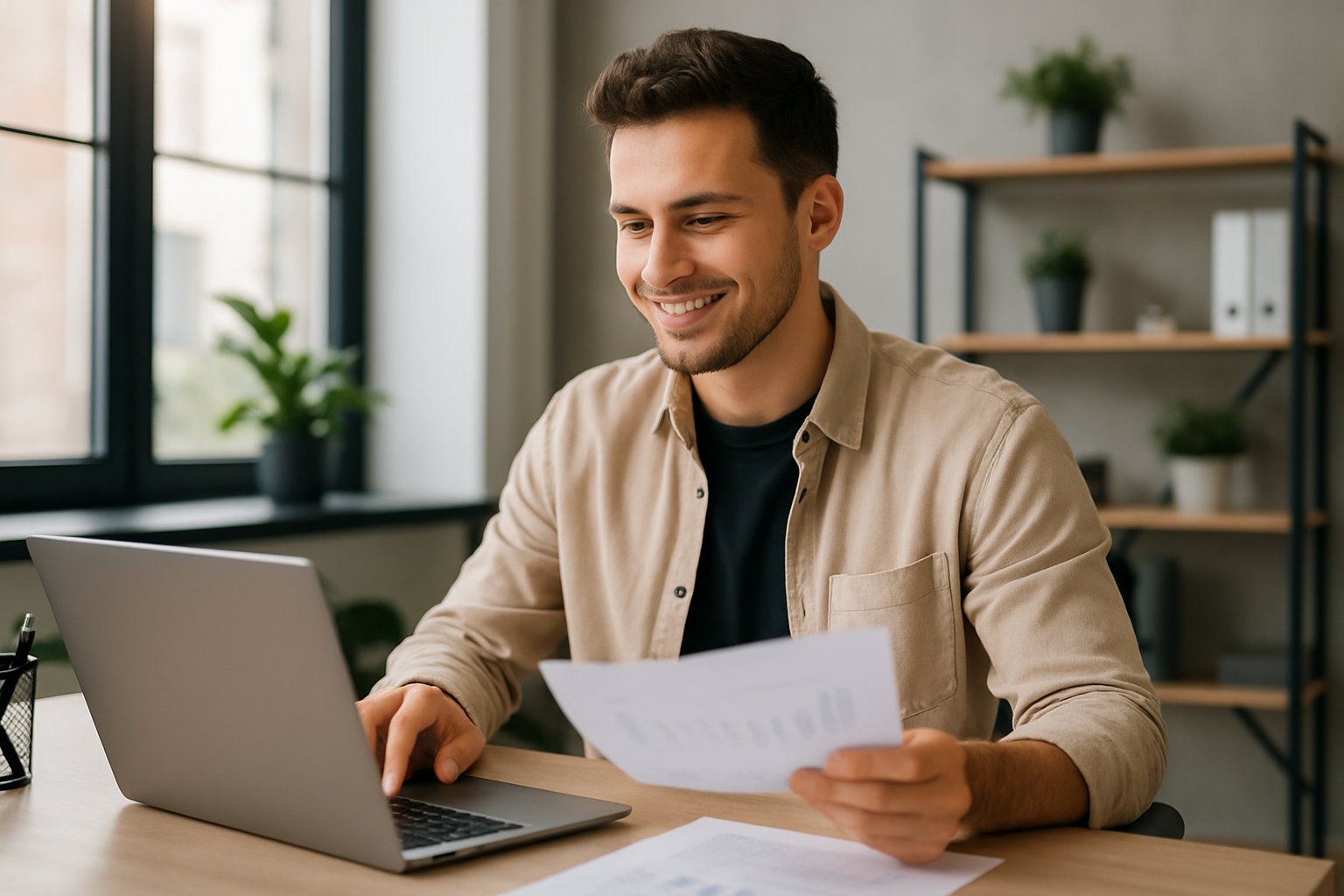 Bonus Partita IVA Giovani Under 35: 18.000€ in 3 Anni (500€/mese) 7 Un giovane professionista seduto a una scrivania moderna che lavora al computer in un ufficio luminoso e ordinato.