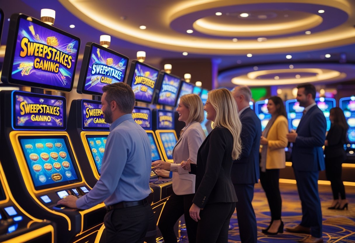 People playing electronic sweepstakes machines in a modern casino with colorful screens and stylish decor.