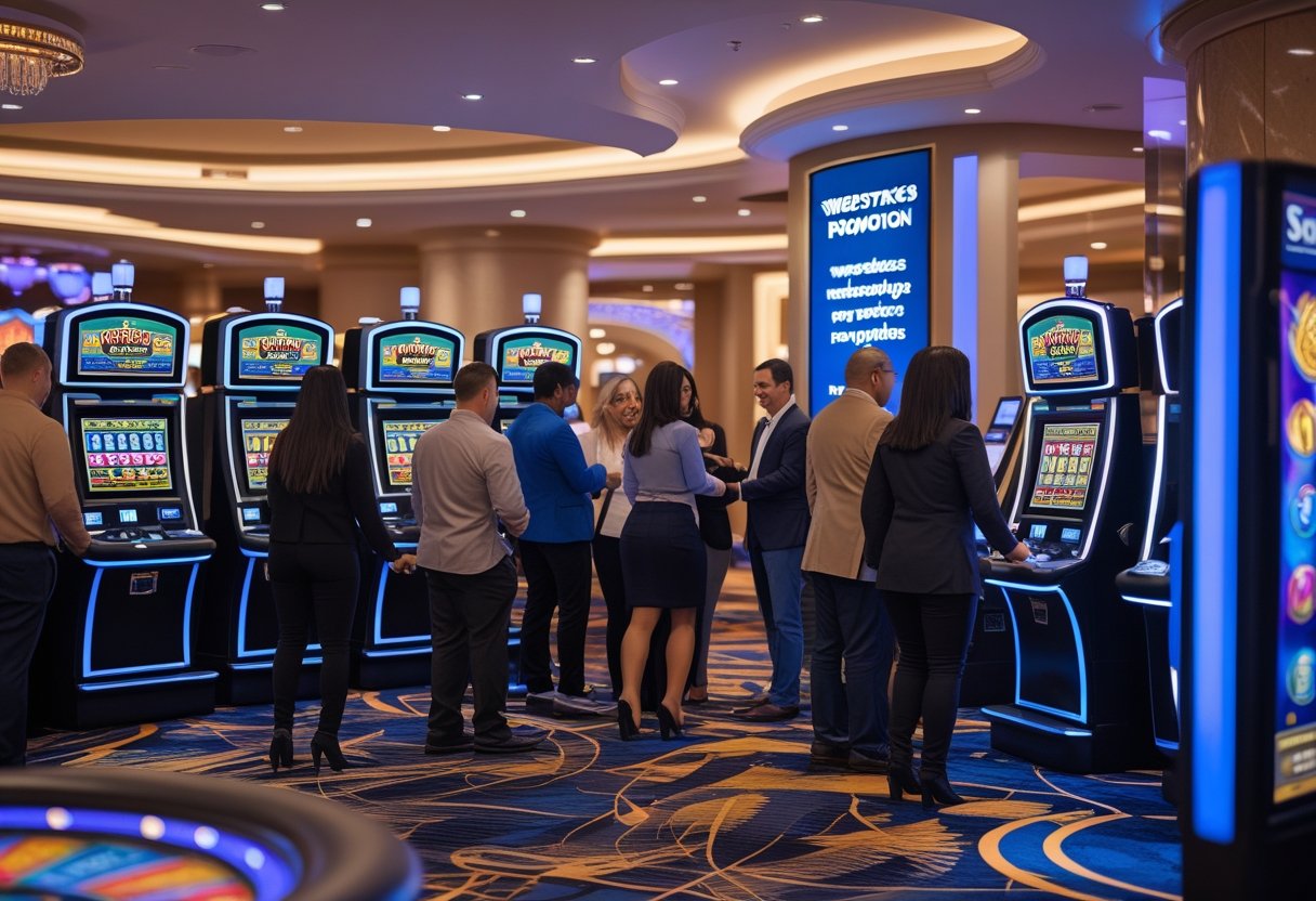 People playing digital slot machines and touchscreen kiosks in a modern casino setting with colorful lights and a lively atmosphere.