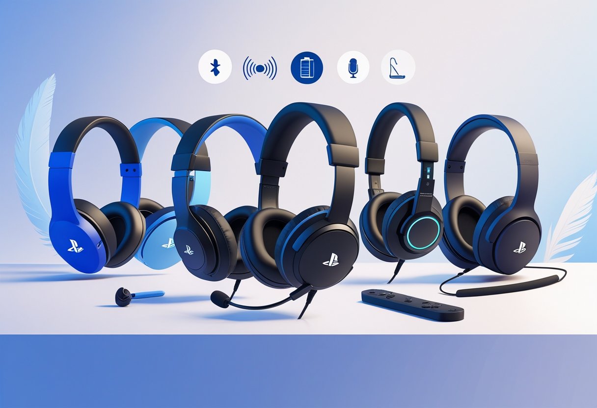 A group of PS5 headsets displayed with icons representing sound quality, battery life, microphone, and comfort.