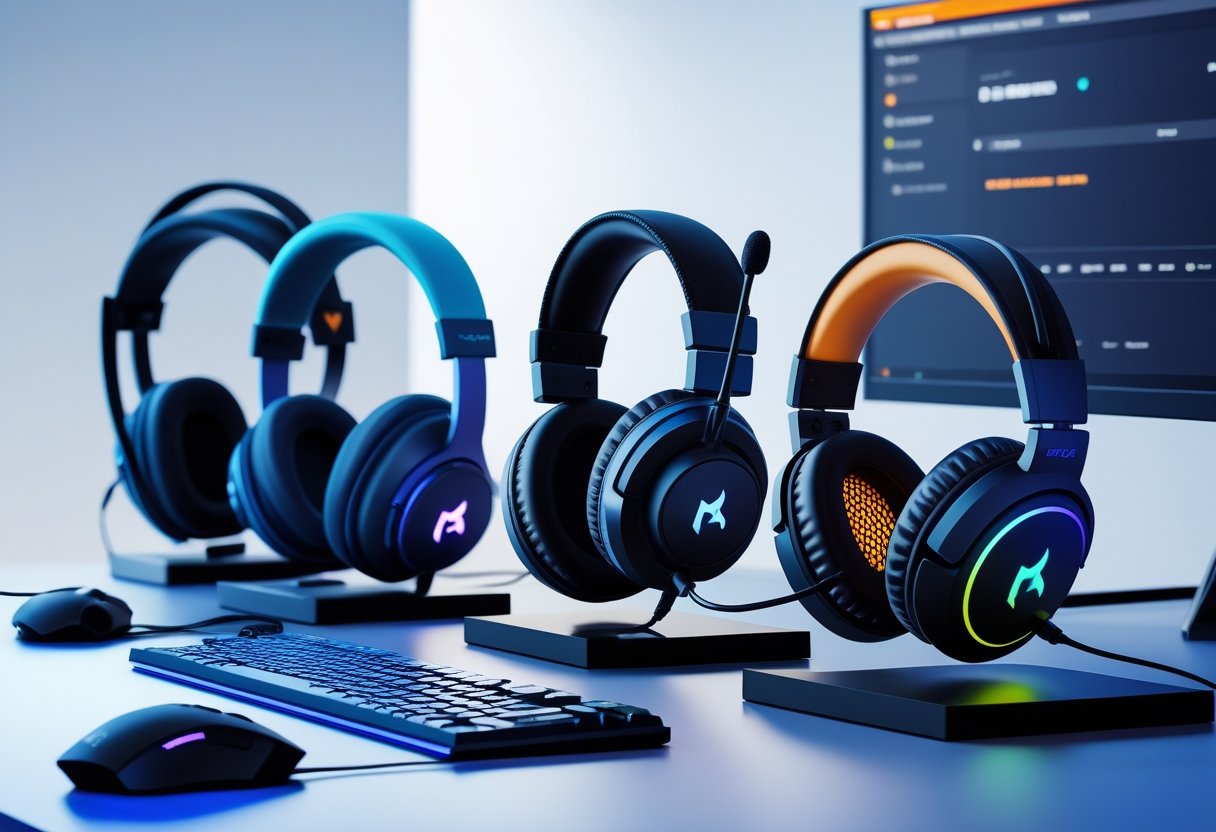 A desk with several budget gaming headsets arranged alongside a keyboard and mouse in a simple gaming setup.