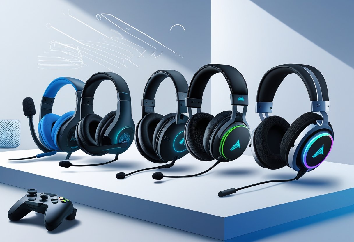 A variety of budget gaming headsets with microphones arranged on a surface, with subtle gaming-related elements in the background.