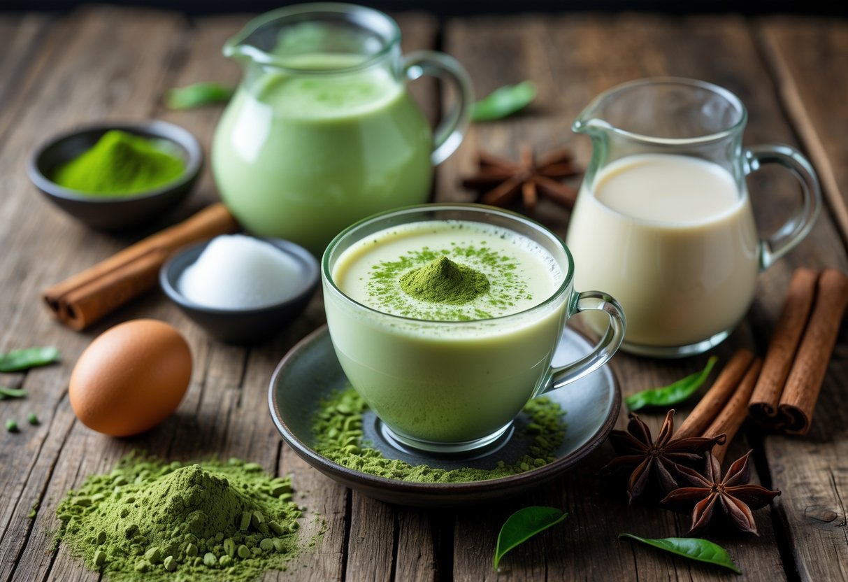 Ingredients including matcha powder, eggnog, an egg, sugar, cinnamon sticks, and a cup of matcha eggnog latte arranged on a wooden table.