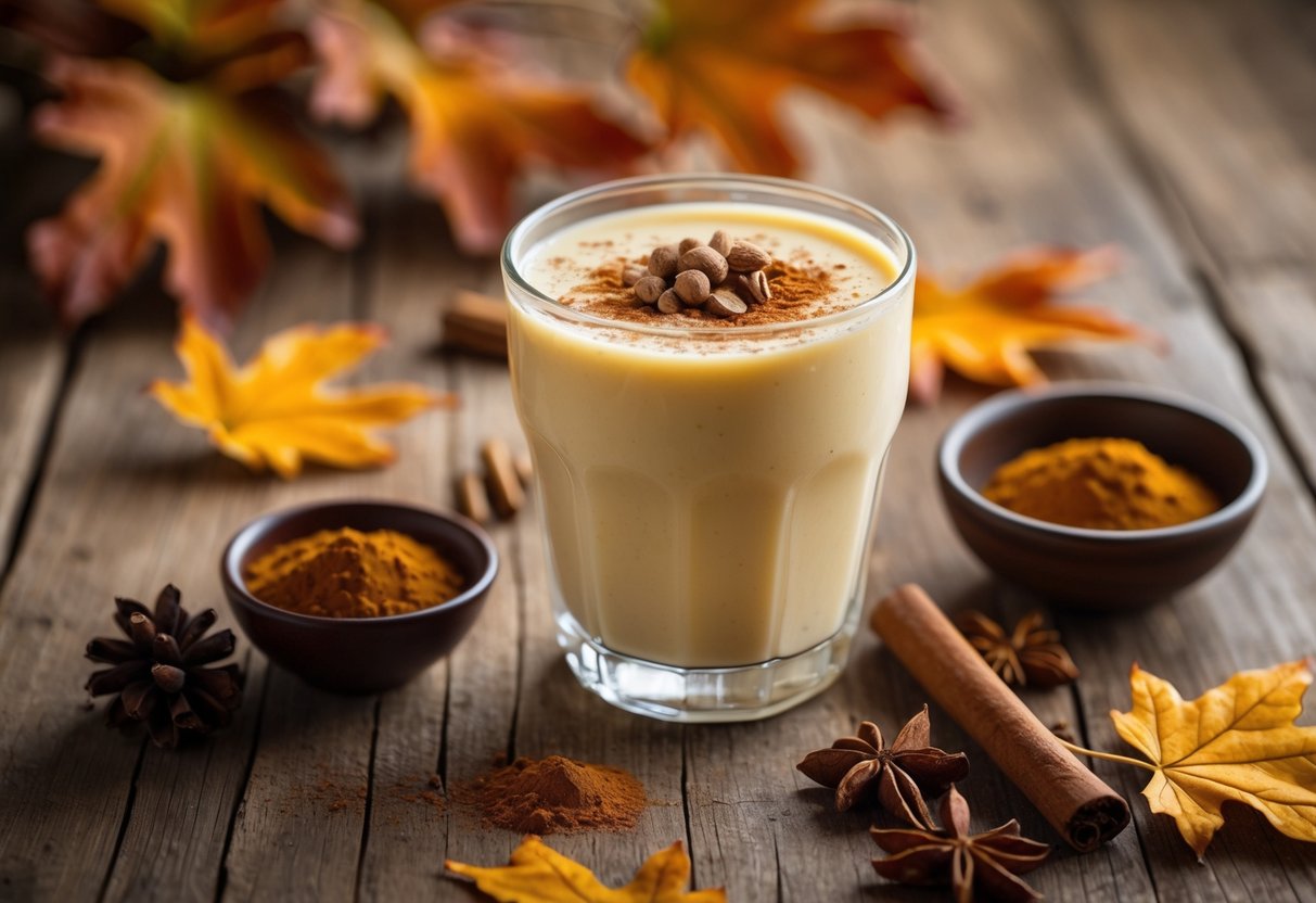 A glass of pumpkin spice eggnog on a wooden table surrounded by autumn leaves, a bowl of pumpkin spice mix, and a cinnamon stick.