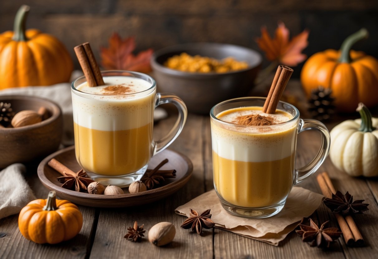 Two mugs of pumpkin spice eggnog on a wooden table, one next to fresh spices and pumpkin puree, the other next to a carton of store-bought eggnog, surrounded by autumn decorations.