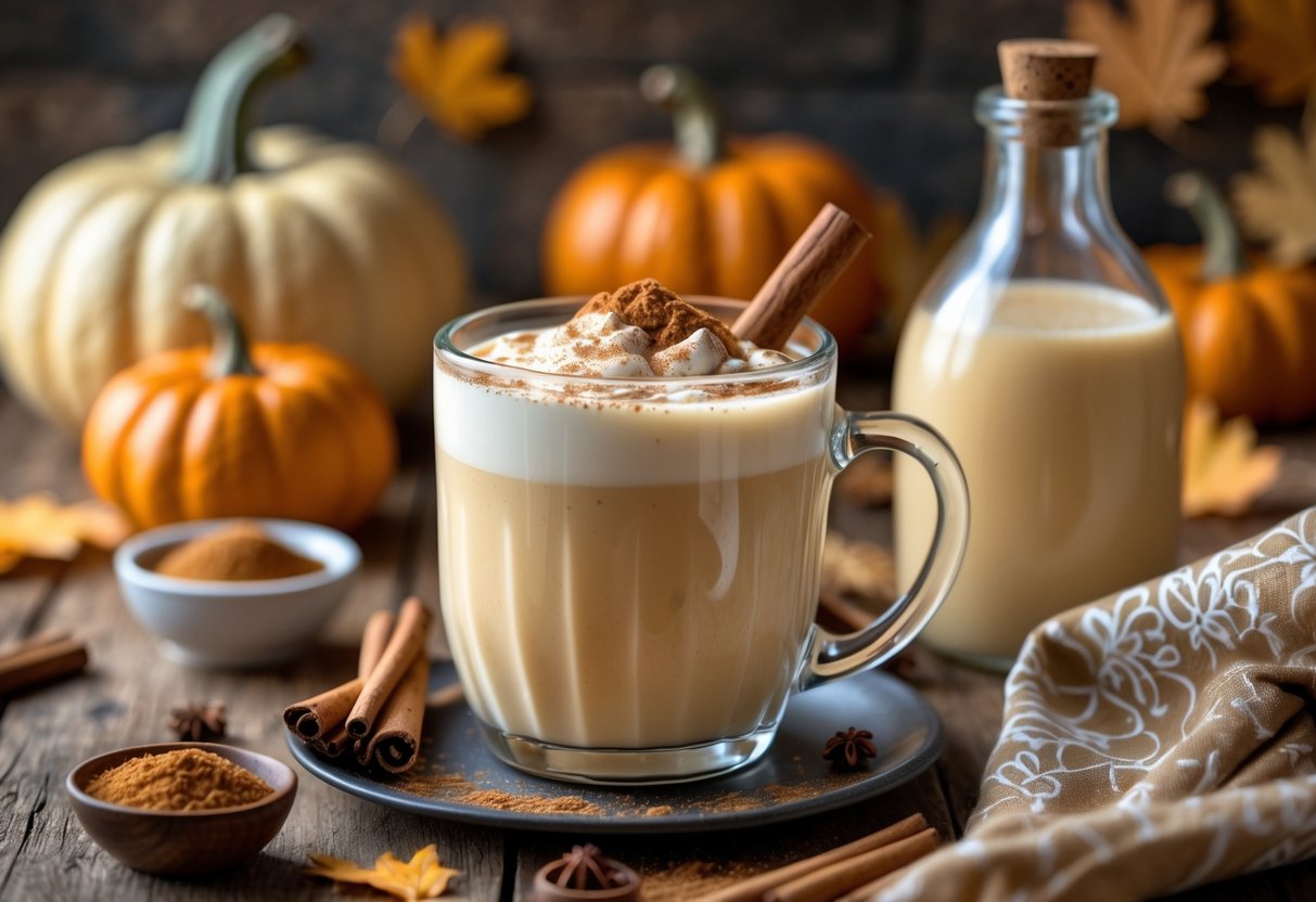 A glass mug of pumpkin spice eggnog with cinnamon garnish on a wooden table surrounded by small pumpkins, cinnamon sticks, and a glass bottle of eggnog.