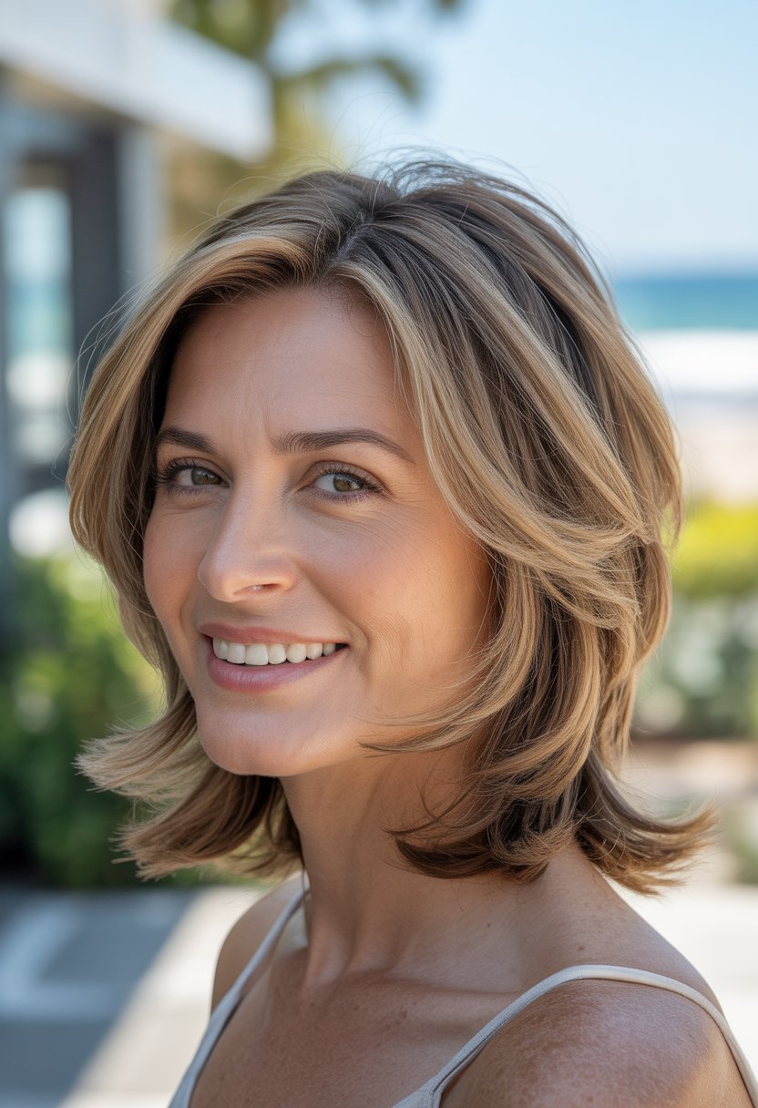 Headshot of a smiling woman outdoors with shoulder-length hair and a blurred natural background.