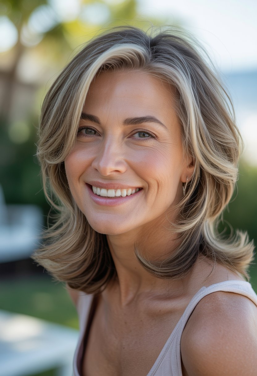 Headshot of a smiling woman outdoors with soft layers of hair framing her face.