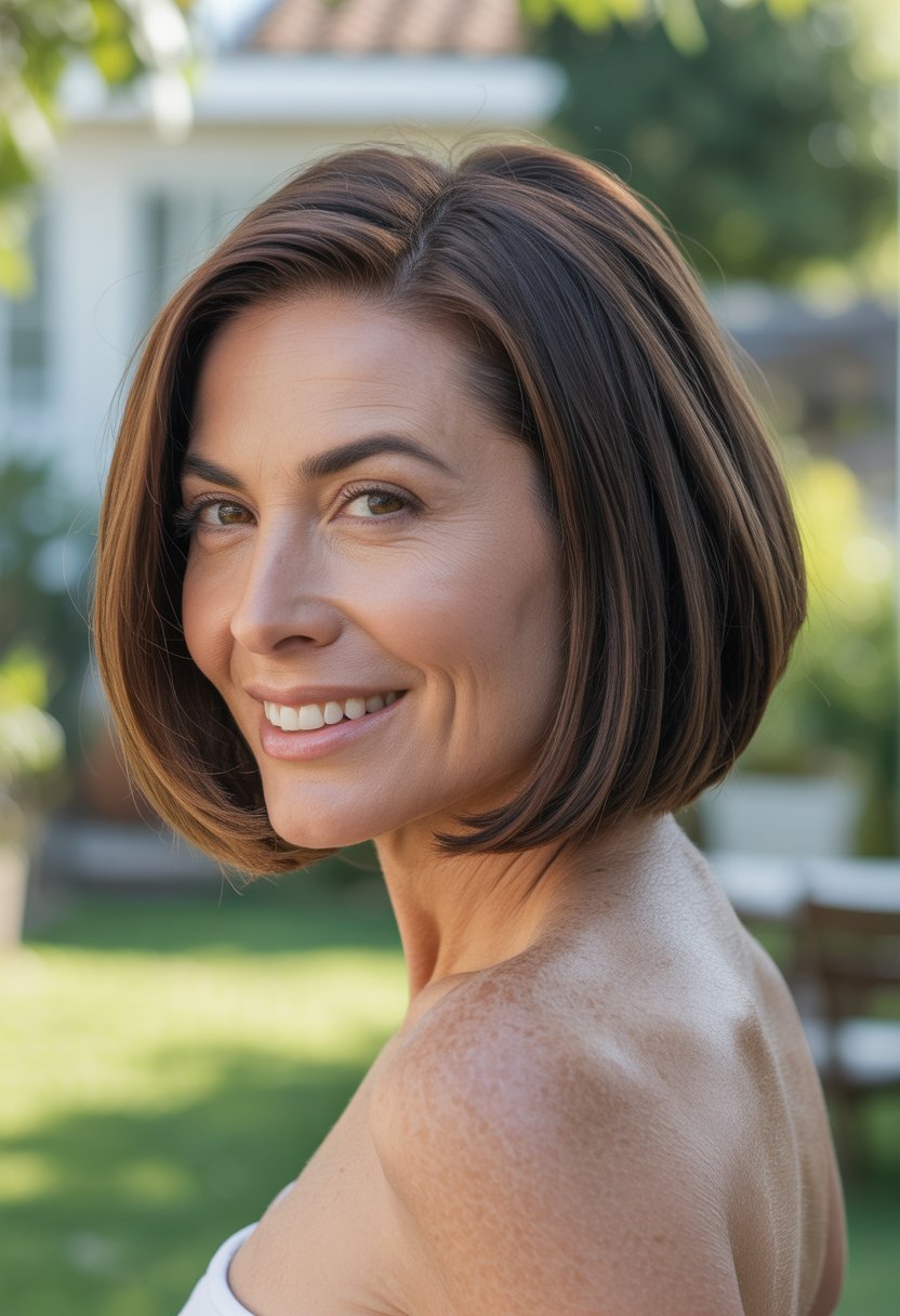 Headshot of a smiling woman outdoors with short straight hair and a blurred backyard background.